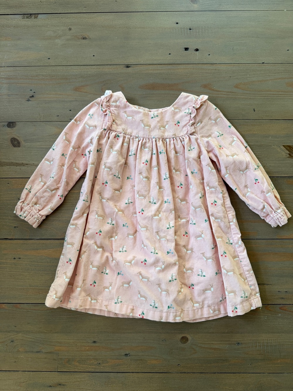 Mini Boden Reindeer Pink Floral Corduroy Long-Sleeve Dress - 12-18 Months